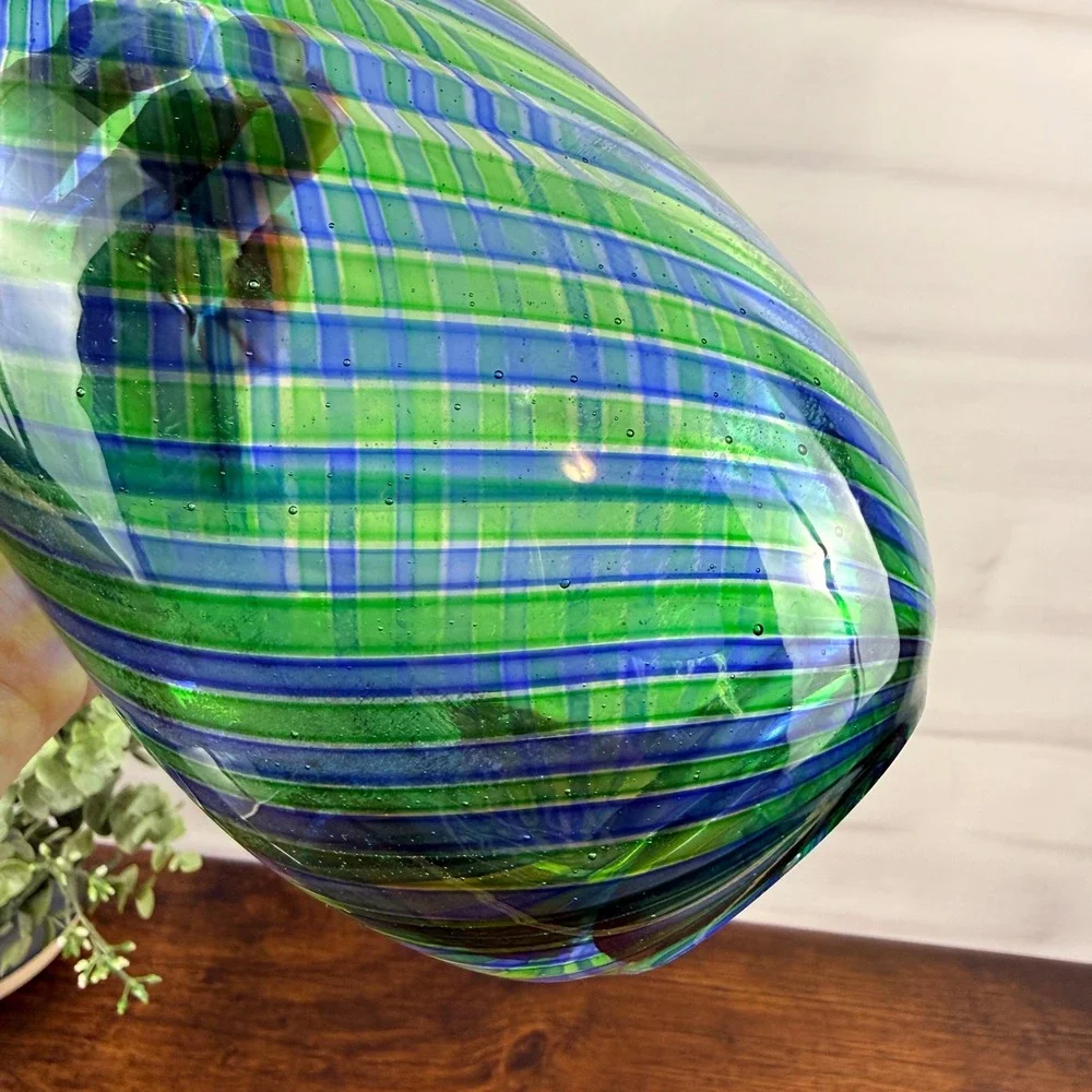 Italian Art Glass Vase Blue Green Striped Blown Glass Murano Mid Century
